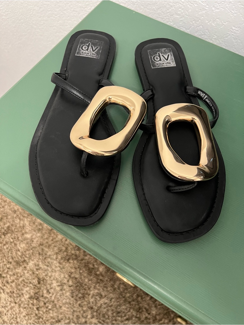 DV by Dolce Vita Black Thong Sandals with Gold Sculptural Accent - Picture 2 of 3